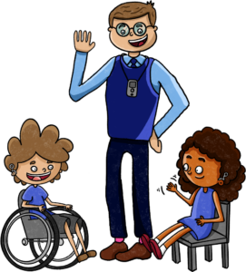 Teacher and two pupils with hearing aids.